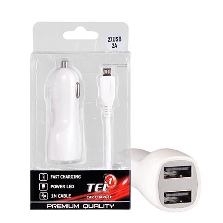 Auto Punjač za mobitel Tel1 2xUSB 2A WHITE + MicroUSB cable - Image 2