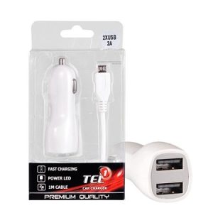 Auto Punjač za mobitel Tel1 2xUSB 2A WHITE + MicroUSB cable