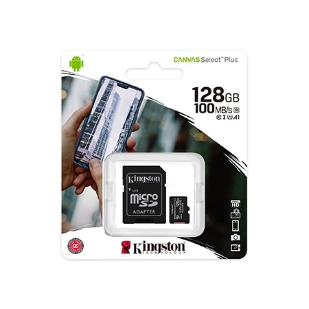 Micro SD card Kingston 128 GB SDHC SDCS2/128GB Class10 Canvas Select Plus SD adapter;100MBs Read,Class 10 UHS-I