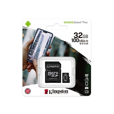Micro SD card Kingston 32 GB SDHC SDCS2/32GB Class10 Canvas Select Plus SD adapter;100MBs Read,Class 10 UHS-I
