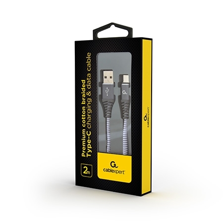 USB 2.0 kabl Premium cotton braided Type-C USB charging and data cable, 2m, spacegrey/white, GEMBIRD CC-USB2B-AMCM-2M-WB2 - Image 2