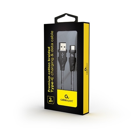 USB 2.0 kabl Premium cotton braided Type-C USB charging and data cable, 2m, black/white, GEMBIRD CC-USB2B-AMCM-2M-BW - Image 2