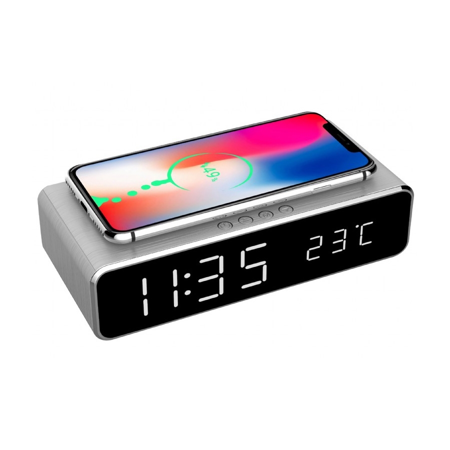 Digitalni sat sa wireless bežičnim punjačem za mobitel GEMBIRD, silver, DAC-WPC-01-S