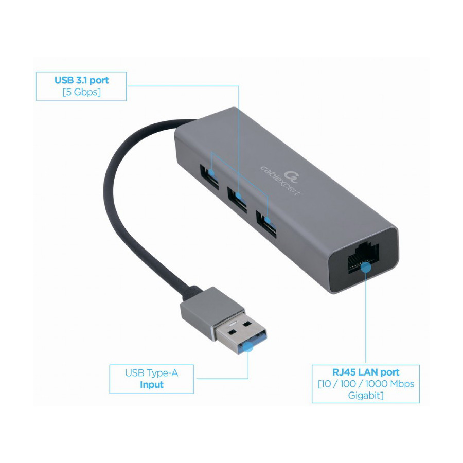 USB hub + GLAN Ethernet adapter 10/100/1000 USB A plug/RJ45, GEMBIRD A-AMU3-LAN-01 - Image 2
