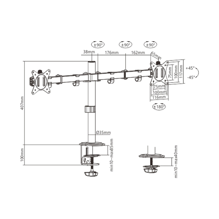 NOSAČ ZA DVA MONITORA GEMBIRD MA-D2-01, montaža na stol, (rotate, tilt, swivel), 17”-32”, up to 9 kg - Image 2