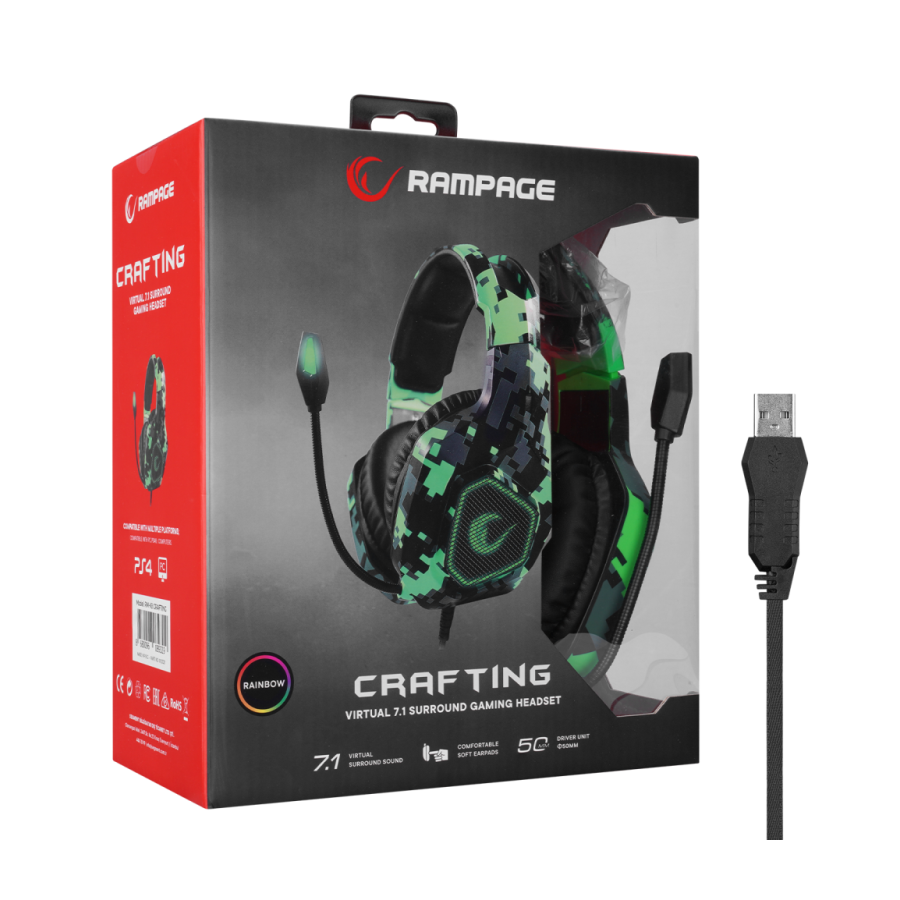 Slušalice sa mikrofonom gaming RAMPAGE RM-K8 CRAFTING camo, PC/PS4, USB, 7.1, Rainbow LED - Image 9