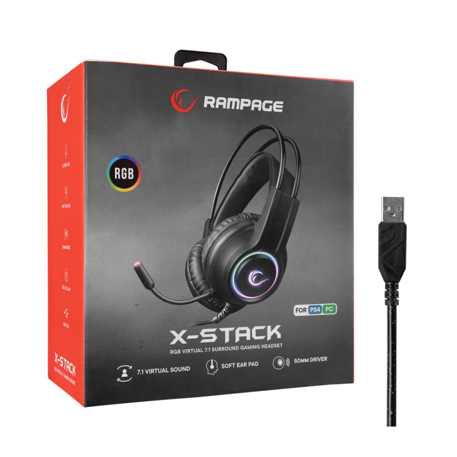 Slušalice sa mikrofonom gaming RAMPAGE RM-K92 X-STACK black PC/PS4 USB 7.1, RGB - Image 7