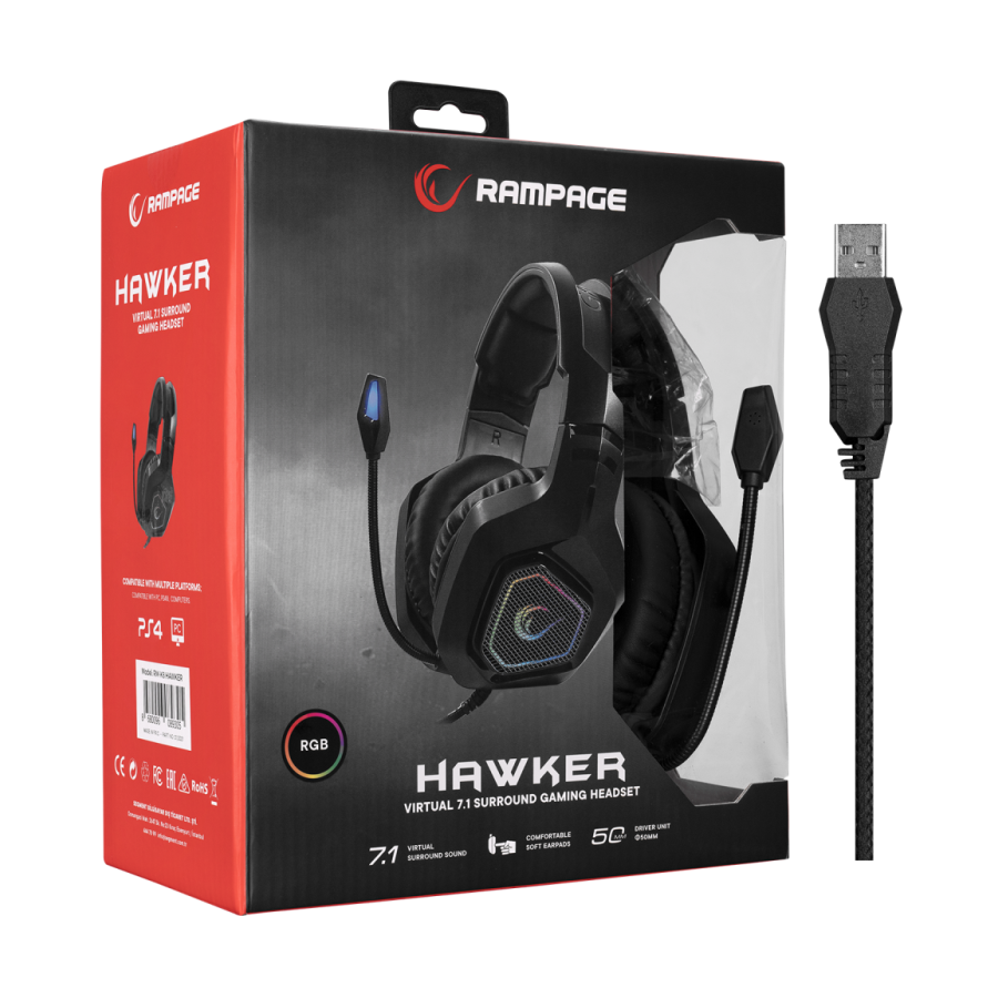 Slušalice sa mikrofonom gaming RAMPAGE RM-K8 HAWKER black, PC/PS4, USB, 7.1, RGB LED - Image 7