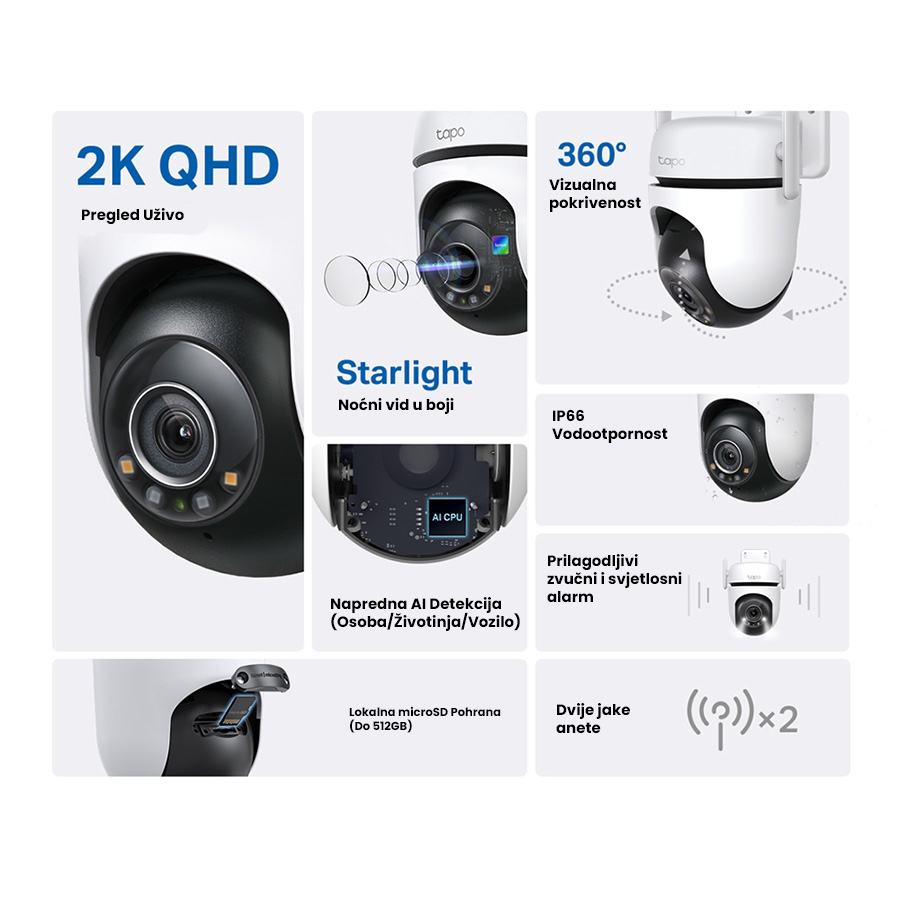 TP-Link Tapo C520WS Vanjski Pan/Tilt sigurnosna Wi-Fi kamera, 2K QHD (2560x1440), 2,4 GHz, 2T2R, 2 × vanjske antene, 1 × Ethernet port, horizon - Image 2