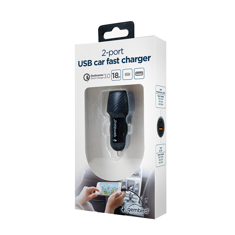 USB punjač za auto GEMBIRD, fast charger 2-port USB-A + Type-C PD, 18 W, black, TA-U2QC3-CAR-02 - Image 5
