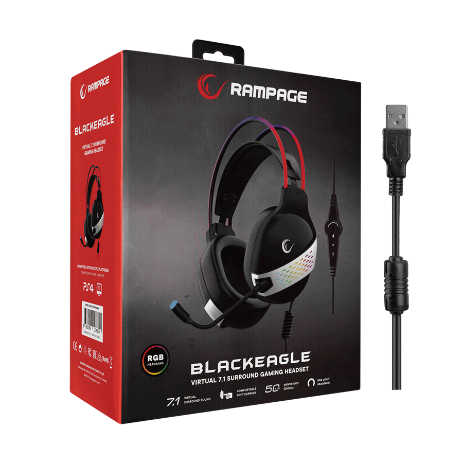 Slušalice sa mikrofonom gaming RAMPAGE RM-K37 BLACK EAGLE BLACK USB 7.1 RGB, RGB Headband, In Line Wire Control, Detachable Mic - Image 9