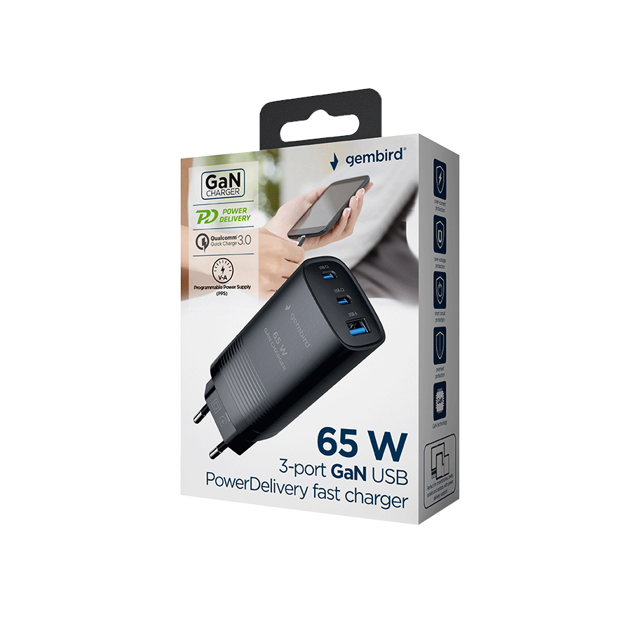 USB punjač 2xType-C + 1xUSB-A fast charger, 65W PD, back GEMBIRD, TA-UC-PDQC65-01-BK - Image 5