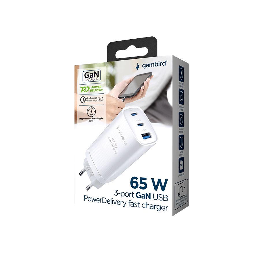 USB punjač 2xType-C + 1xUSB-A fast charger, 65W PD, white GEMBIRD, TA-UC-PDQC65-01-W - Image 5