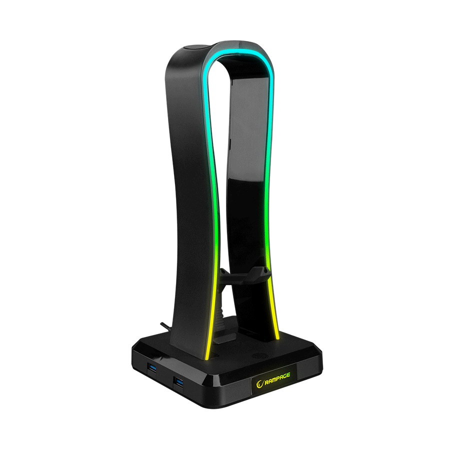 Postolje za slušalice gaming RAMPAGE RM-H77 X-BASE Black RGB Illuminated 4*USB Port Headphone Stand with Mouse Bungee Cord Holder - Image 2