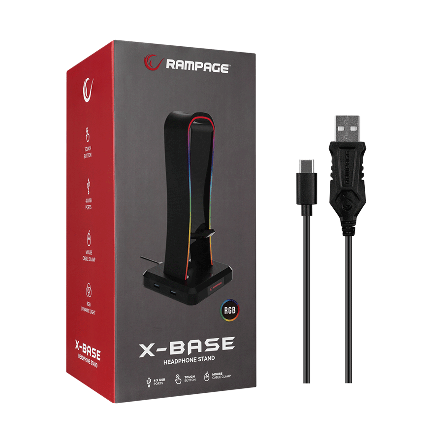 Postolje za slušalice gaming RAMPAGE RM-H77 X-BASE Black RGB Illuminated 4*USB Port Headphone Stand with Mouse Bungee Cord Holder - Image 7