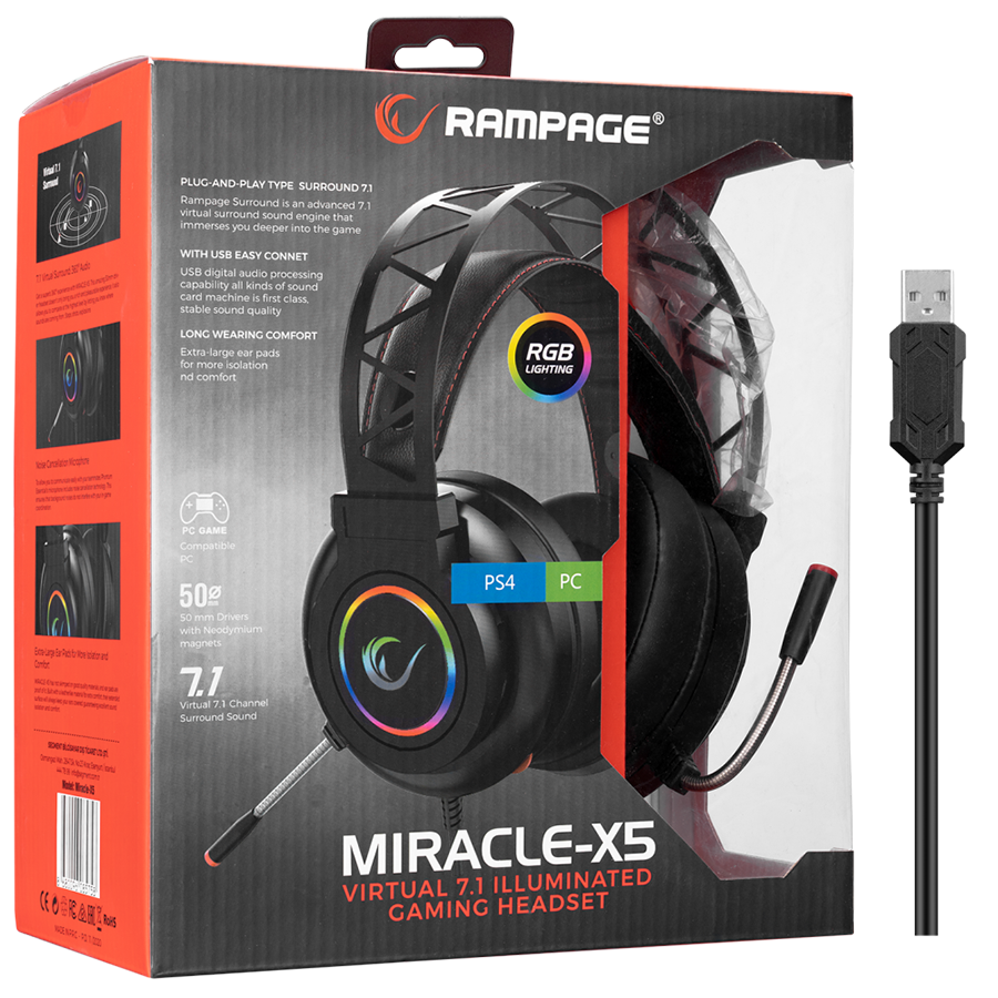 Slušalice sa mikrofonom gaming RAMPAGE Miracle-X5 Black RGB Led 7.1 Surround Sound System Gaming Headset with Microphone - Image 3