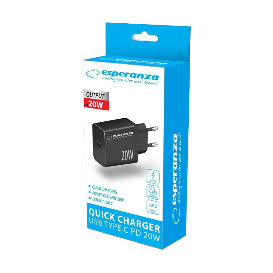 USB punjač Type-C fast charger, ESPERANZA QUICK POWER CHARGER 20W USB-C PD, BLACK, EZC104K - Image 3