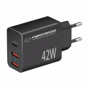USB punjač Type-C + 2xUSB-A, ESPERANZA QUICK POWER CHARGER 42W USB-C PD 30W / 2x USB-A 12W, EZC106K