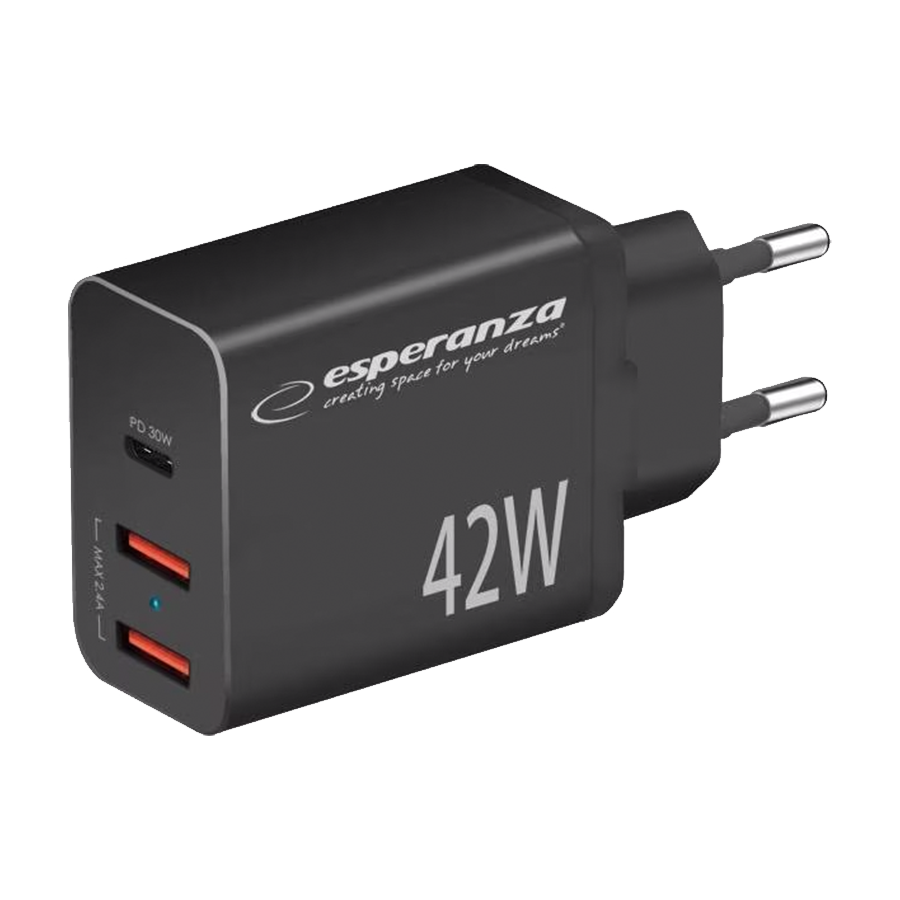 USB punjač Type-C + 2xUSB-A, ESPERANZA QUICK POWER CHARGER 42W USB-C PD 30W / 2x USB-A 12W, EZC106K
