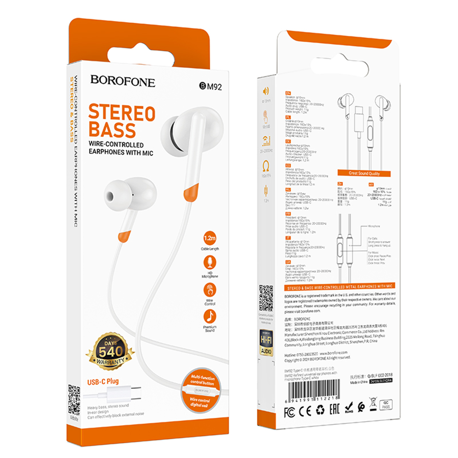 Slušalice sa mikrofonom Type-C BOROFONE BM92 Refined universal earphones with microphone Type-C white - Image 5