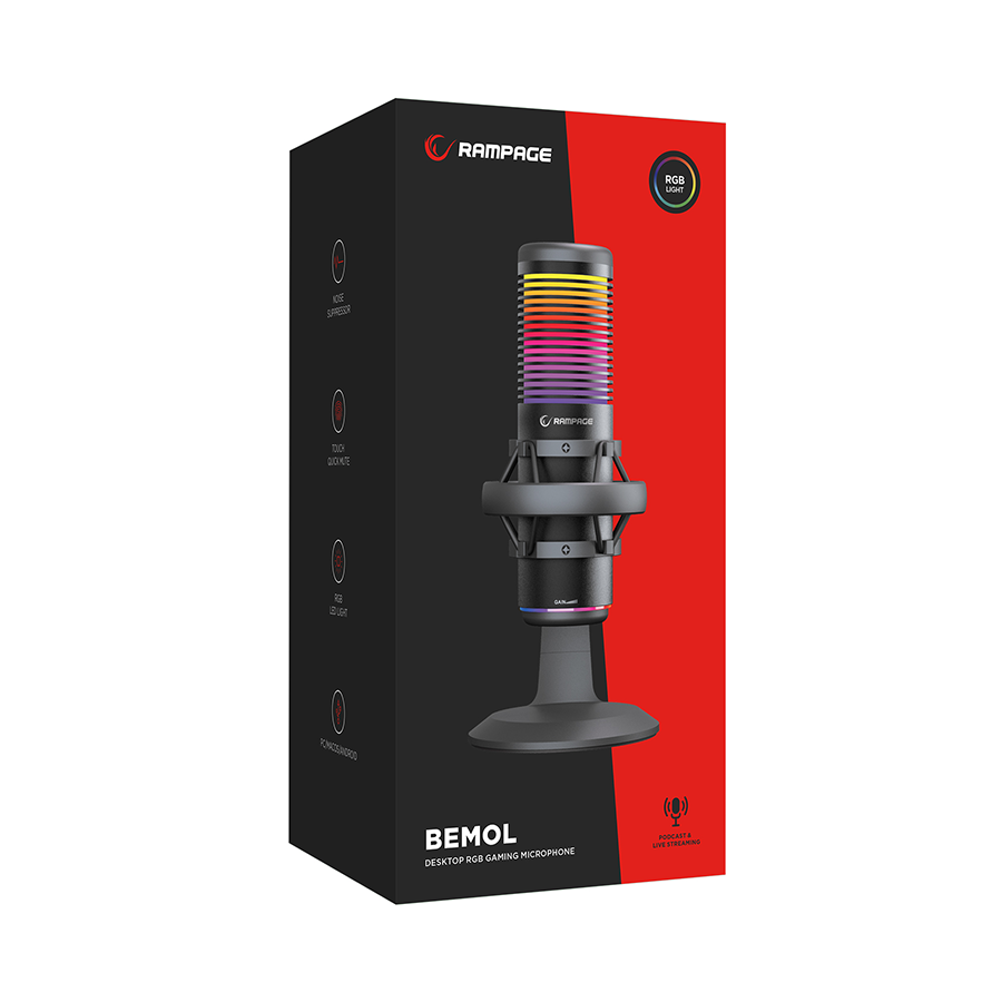 Mikrofon gaming RAMPAGE Bemol RGB Black Microphone with Shock Mount and Pop Filter for Gaming, Streaming, Podcasts, 41147 - Image 9