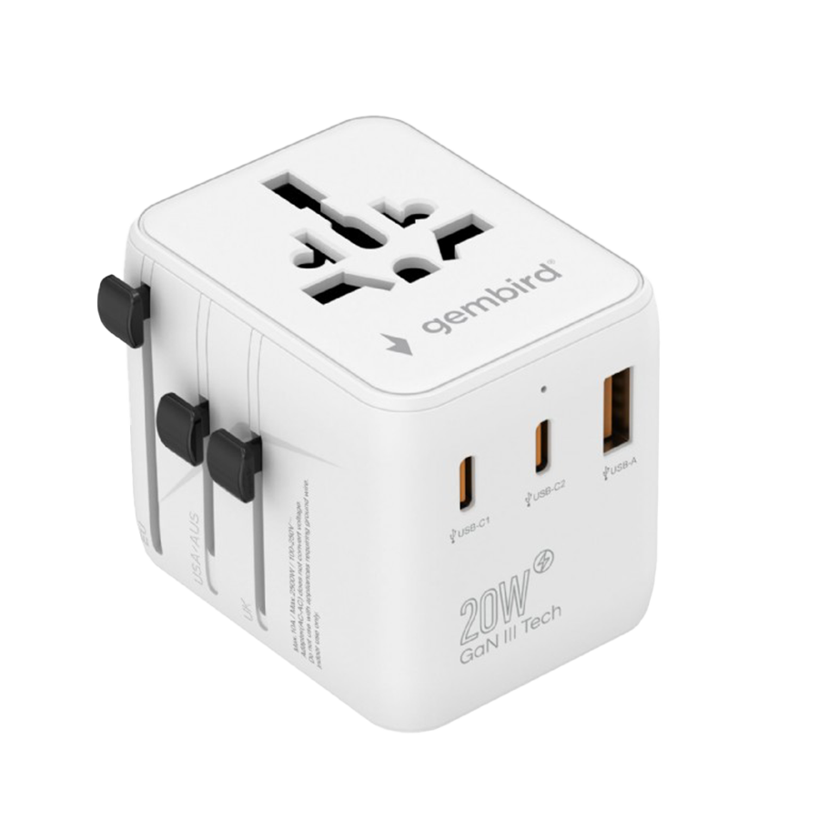 Univerzalni strujni adapter za sve zemlje + USB + Type-C punjač GEMBIRD, 20 W, white, TPA-1A2C20-01-W - Image 6