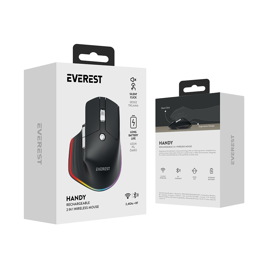 Miš Everest SMW- 178 Handy 2in1 Bluetooth 2,4GHz Black Rechargeable 4000 DPI Horizontal/Vertical Wheel Ergonomic RGB Mouse, 41042 - Image 7