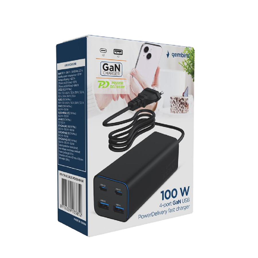 USB punjač 2xType-C + 2xUSB-A 4-port 100 W GaN USB PowerDelivery fast charger, black, GEMBIRD, TA-UC-2A2C-PD100-01-BK - Image 4