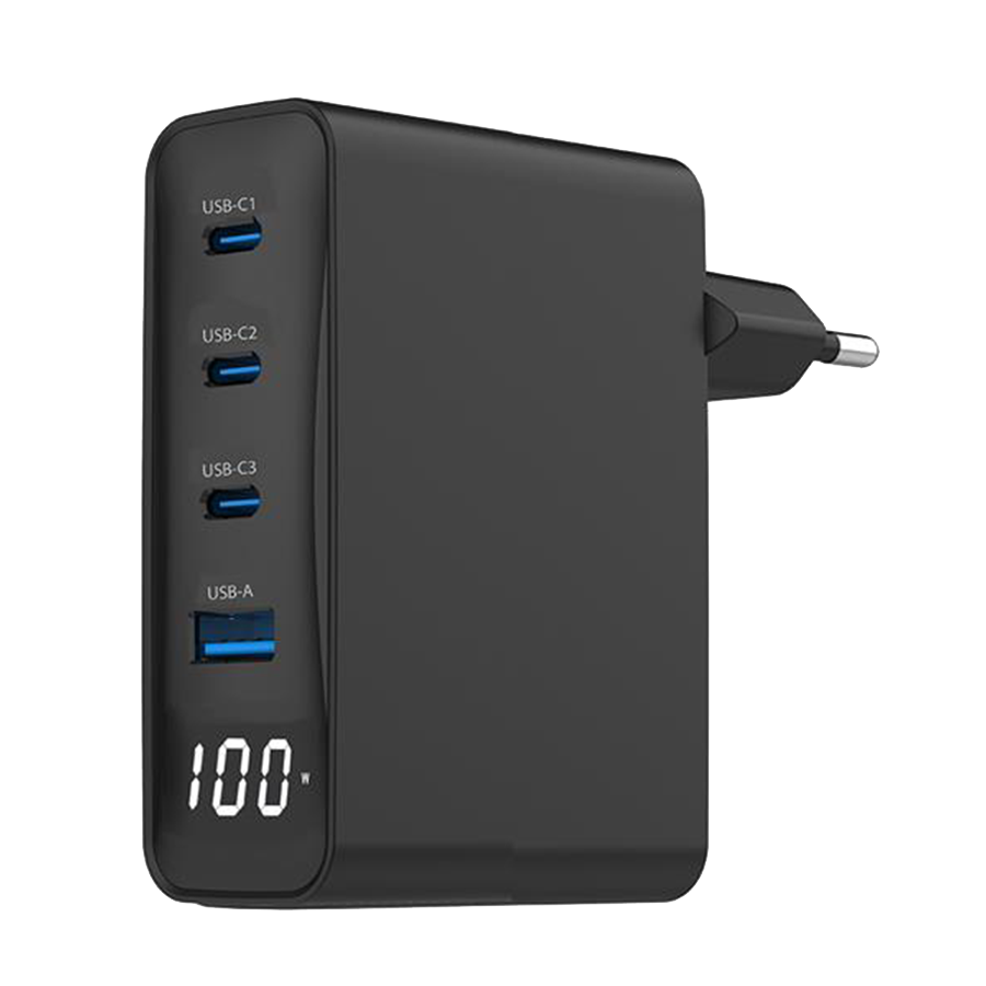USB punjač 3xType-C + USB-A , 4-port 100W GaN USB fast charger, LCD, black, GEMBIRD, TA-UC-PDQC100LCD-01-BK