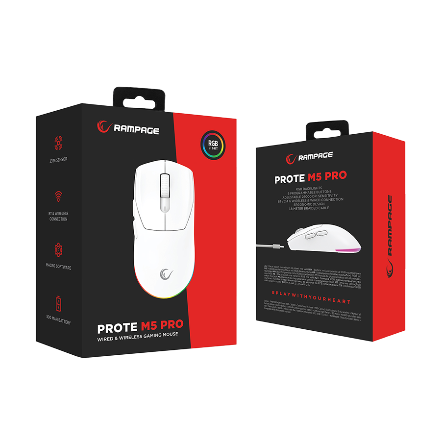Miš gaming RAMPAGE PROTE M5 Pro Wireless White RGB LED Charged 26000 DPI 3395 Sensor, 41247 - Image 6