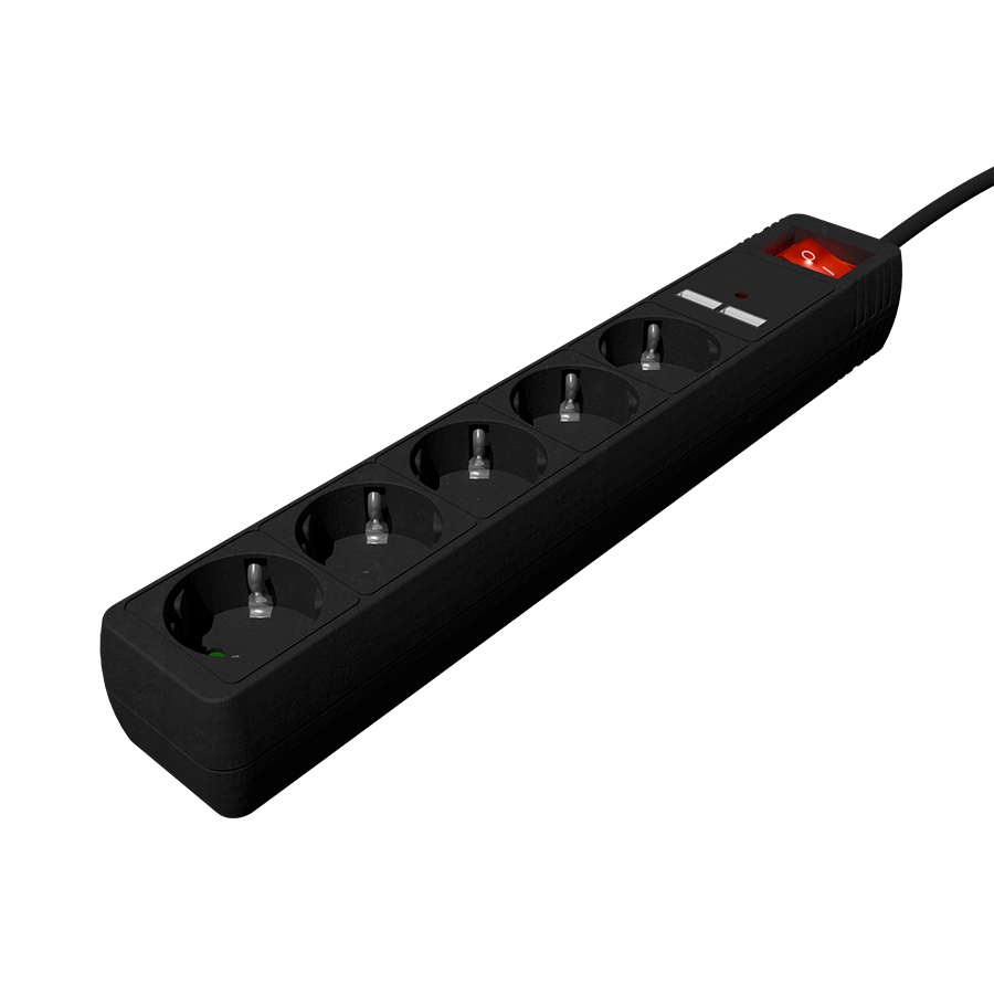 Razvodnik nap.GEMBIRD SPG5-U2-5-02, crni, Prekidač, 5 uticnica, 1,5 M, prenaponska zaštita 2x USB port