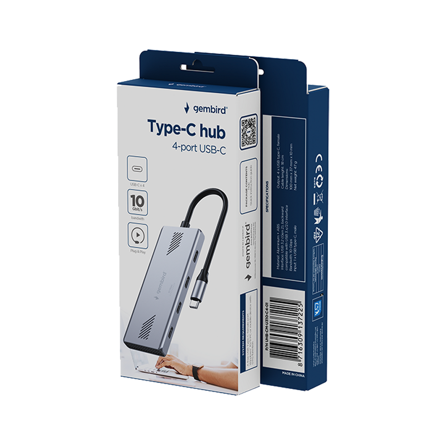 USB HUB GEMBIRD Type-C to Type-C, 4-port USB-C 3.2 (Gen 2) Type-C hub, UHB-CM-U310-C4-01 - Image 4